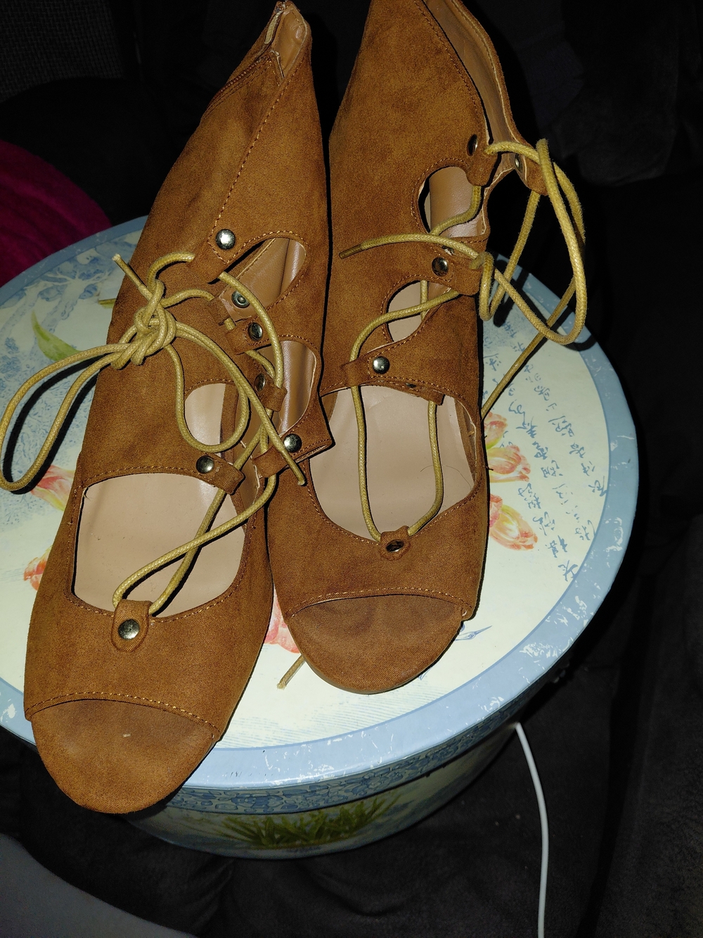 BAMBOO Tan Lace-Up Peep Toe Heels